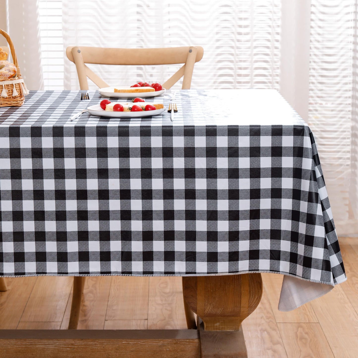Heavy Duty Vinyl Tablecloth with Flannel Backing Waterproof Oil-Proof Plastic Table Cloth Stain-Resistant Wipeable Rectangle or Square Table Cover for Indoor and Outdoor (Black Checkered, 60x102 Inch)