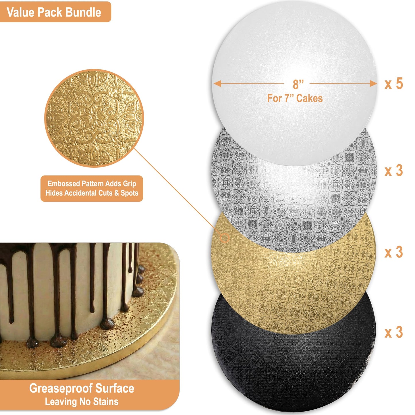 Sleek Cake Drums 8 inch in White, Silver, Gold, Black Color (14 Pack) | 1/2" Thick CakeBoard Circle Rounds + Free Prop Up Tools | Sturdy for Heavy/Tiered Cakes