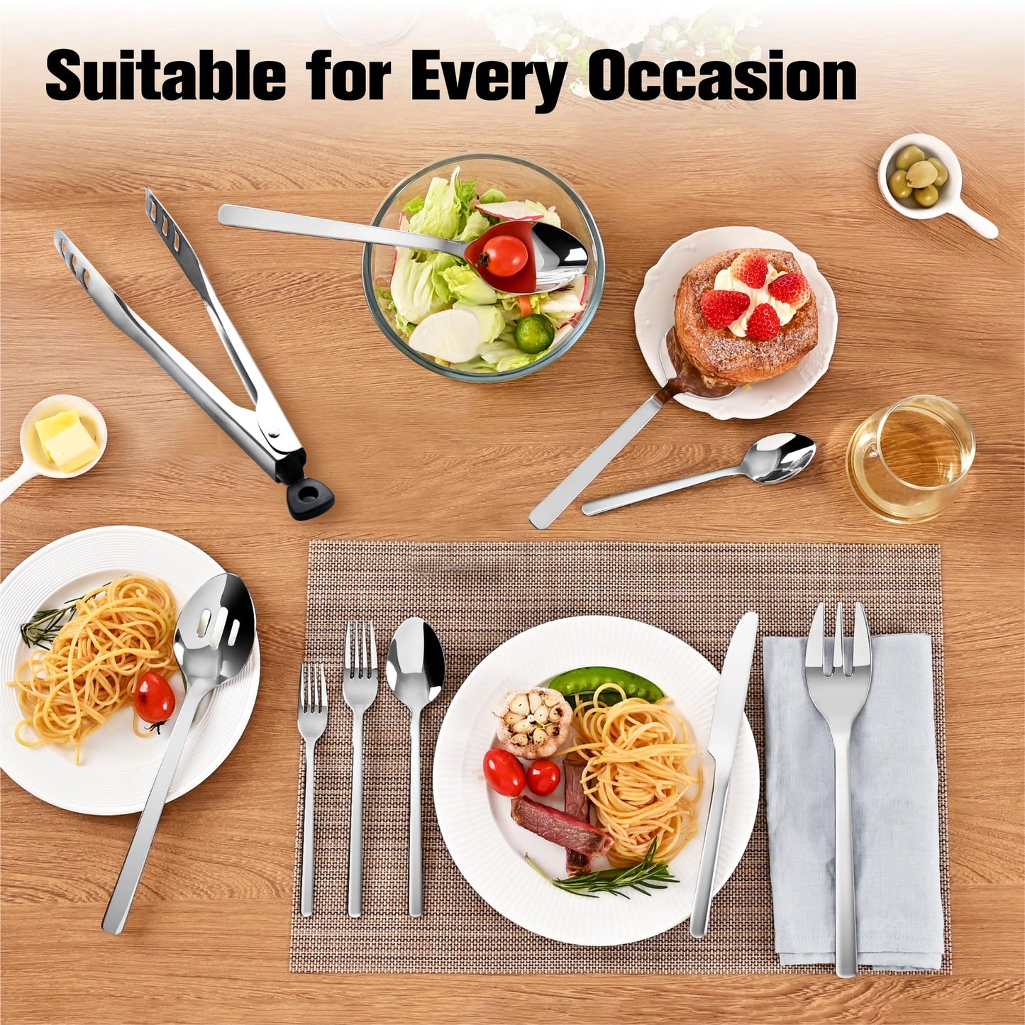 KINGSTONE Silverware Set With Serving Utensils, 65 Piece Flatware for 12, 18/10 Cutlery With 5 Piece Serving Utensil Set - Modern and Original Design, Dishwasher Safe