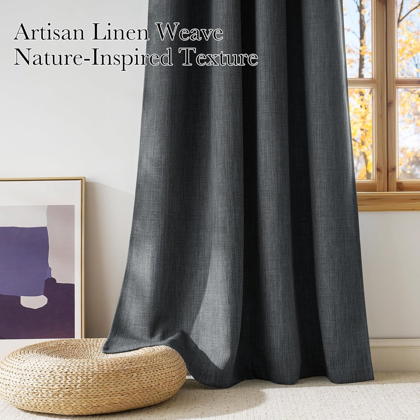 NICETOWN Blackout Curtains - Charcoal Gray Faux Linen Privacy Panels, 63 Inches Long | 2 Panels, Grommet Top
