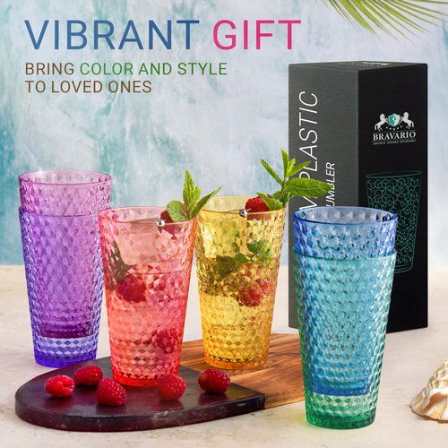 Bravario Laguna Plastic Drinking Glasses, Premium Quality Durable BPA-Free Water Tumblers, Dishwasher-Safe, Stackable Cups in Assorted Colors, 18 oz Set of 6