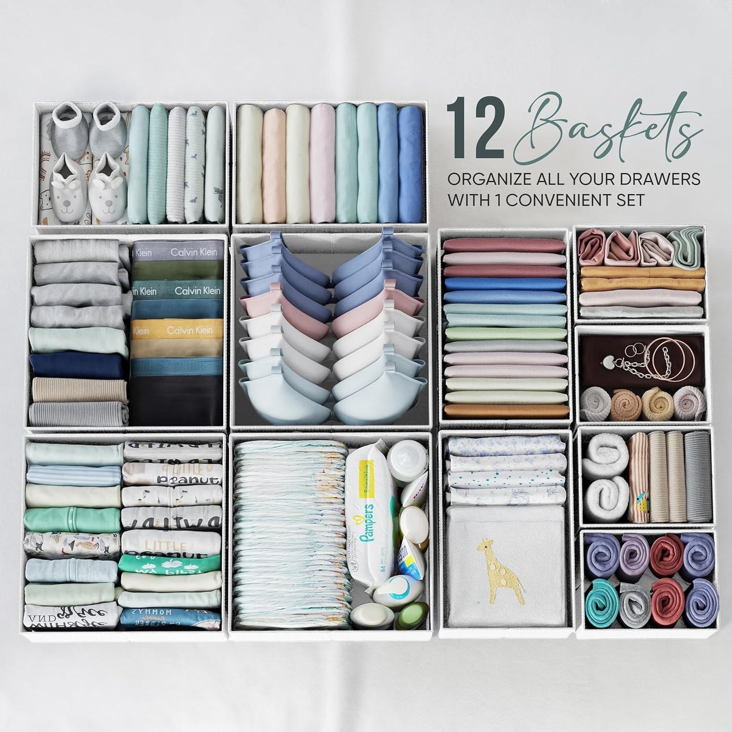 Skiennix Drawer Organizer Set of 12 - White-Grey Dresser Storage for Nursery & Bedroom Organization