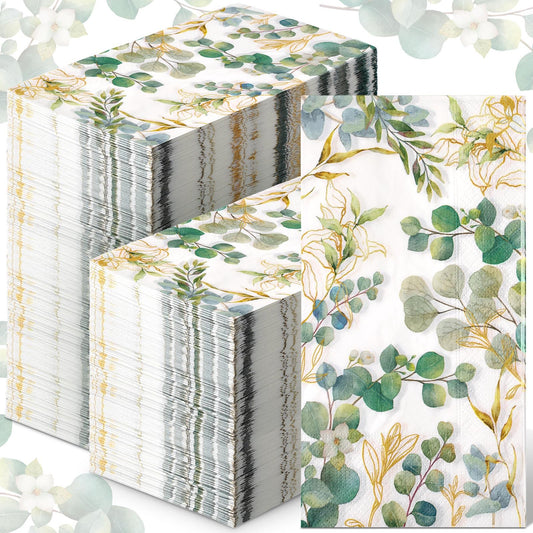 Spiareal 120 Pcs Greenery Paper Napkins 3 Ply Disposable Hand Towels for Bathroom Green Eucalyptus Leaf Guest Decorative Dinner Napkin for Bridal Baby Shower Wedding Birthday Spring Party