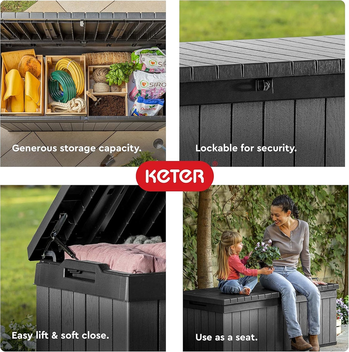 Keter Darwin 100 Gallon Resin Deck Box - Outdoor Storage for Furniture, Cushions & Tools | Grey & Black