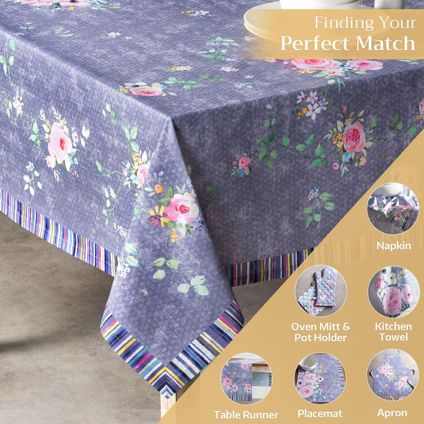 Maison d' Hermine Table Cloth Rectangle Table 100% Cotton 60 x 90 Inches Tablecloth Reusable Decorative for Dining Kitchen Gifts for Mothers Day Spring Summer - Sweet Rose Lavender - Country Garden