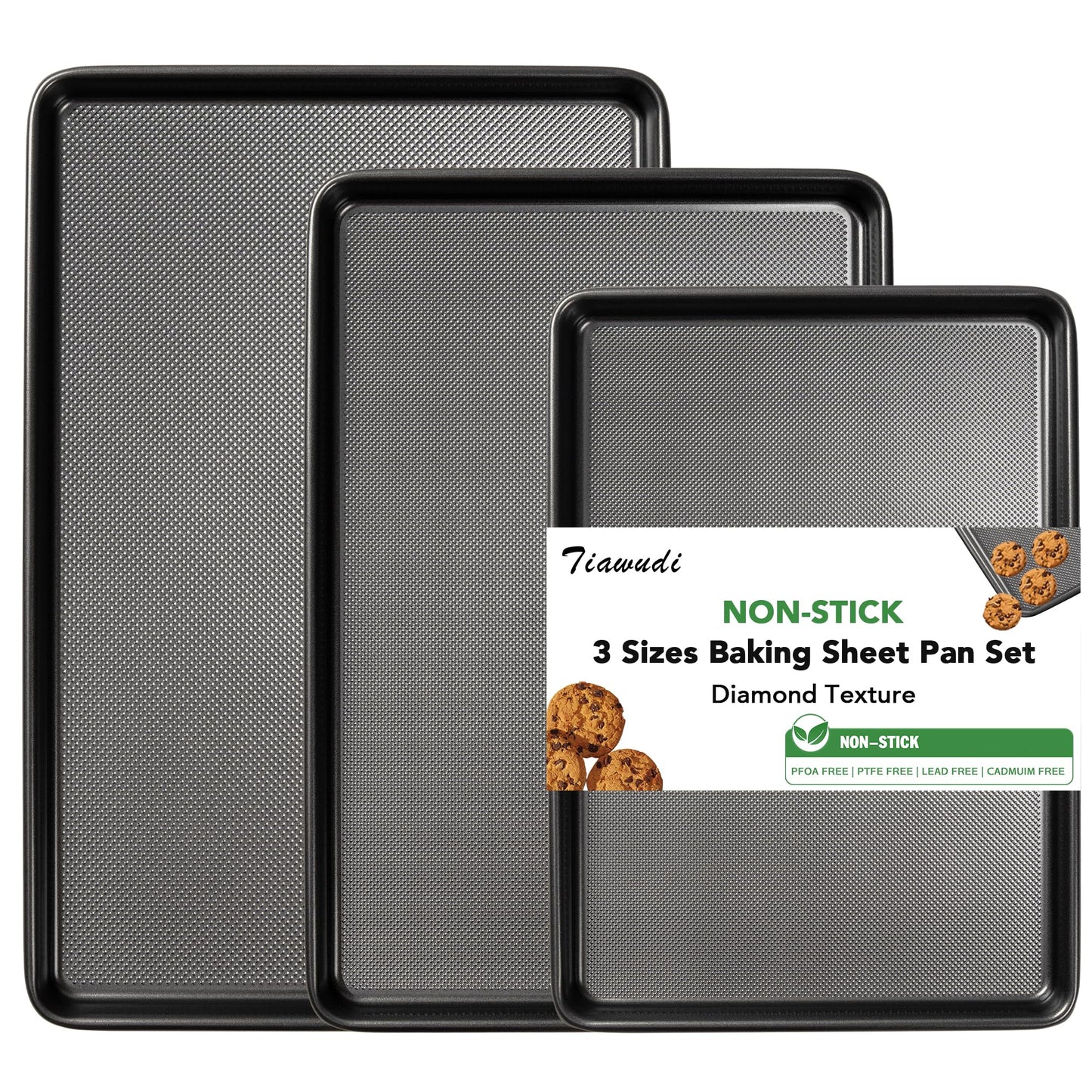 Tiawudi Baking Sheet Pan Set, 0.8mm Thick Heavy Duty Cookie Sheet with Diamond Texture Pattern, Nonstick Baking Tray for Oven, Carbon Steel Half, Jerry Roll Pan, Set of 3