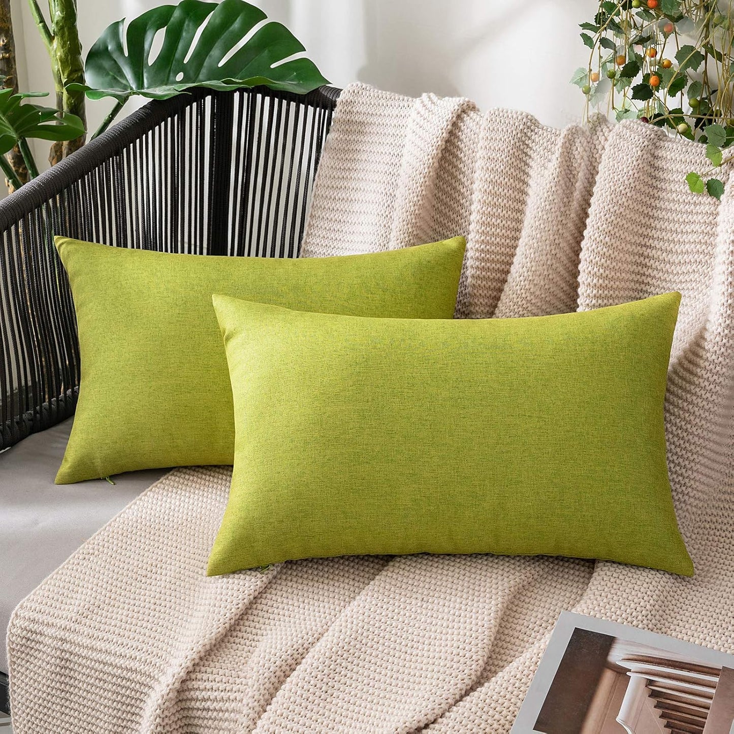 MIULEE Decorative Outdoor Throw Pillow Covers - Waterproof Faux Linen Cushion Cases | 20x12 Inch Green, Set of 2
