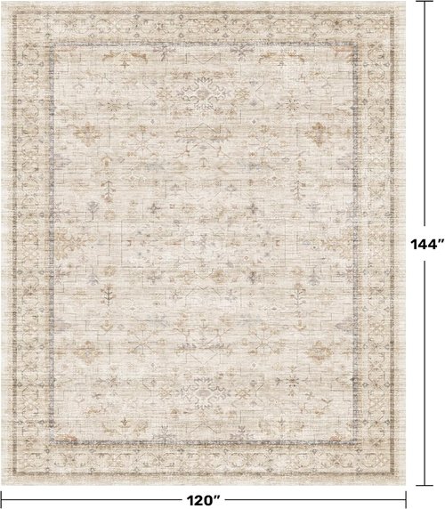 Beige Cream Area Rug - Soft 10x12 Large Geometric Floral Carpet for Living Room & Bedroom