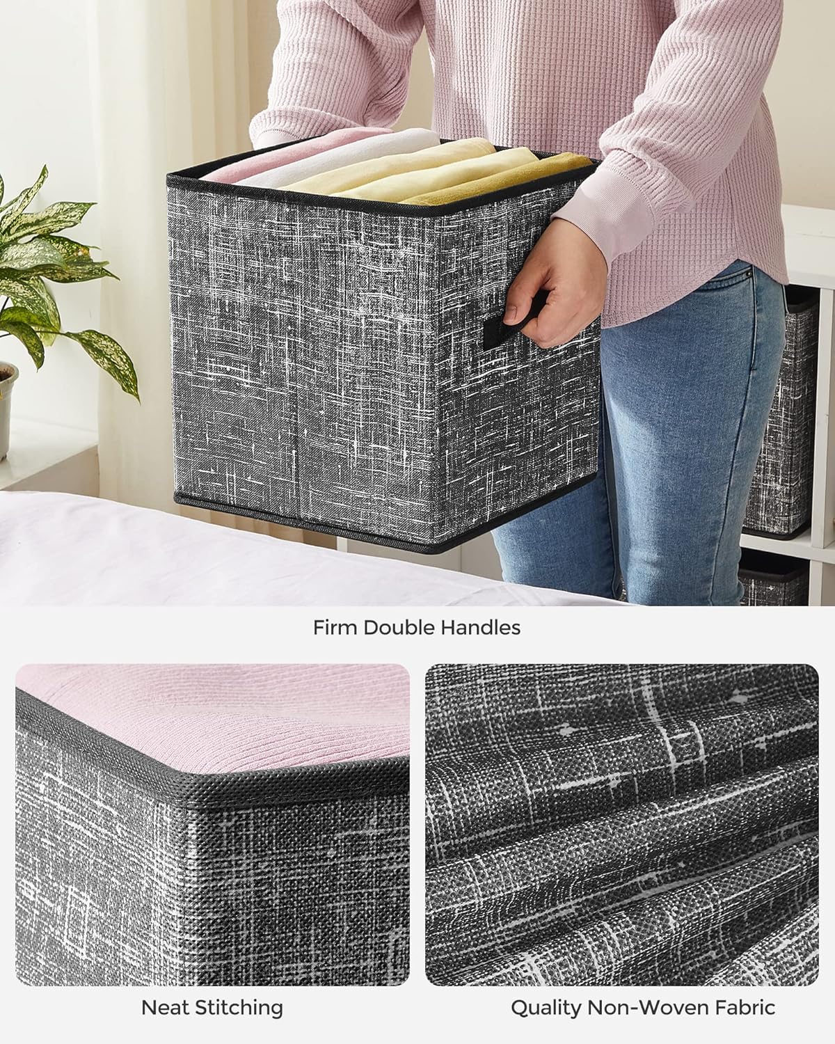 SONGMICS Storage Cubes - 11-Inch Non-Woven Fabric Bins with Double Handles - Set of 6, Classic Black Closet Organizers