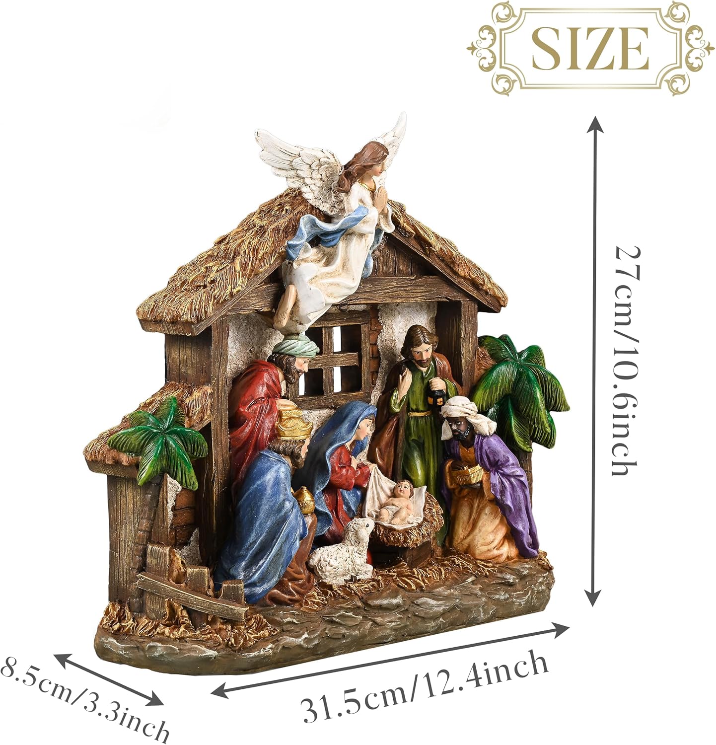 Valery Madelyn Nativity Figurines Set - LED Lights & Red Gold Holy Family | 10.6 Inch Resin Manger Decor
