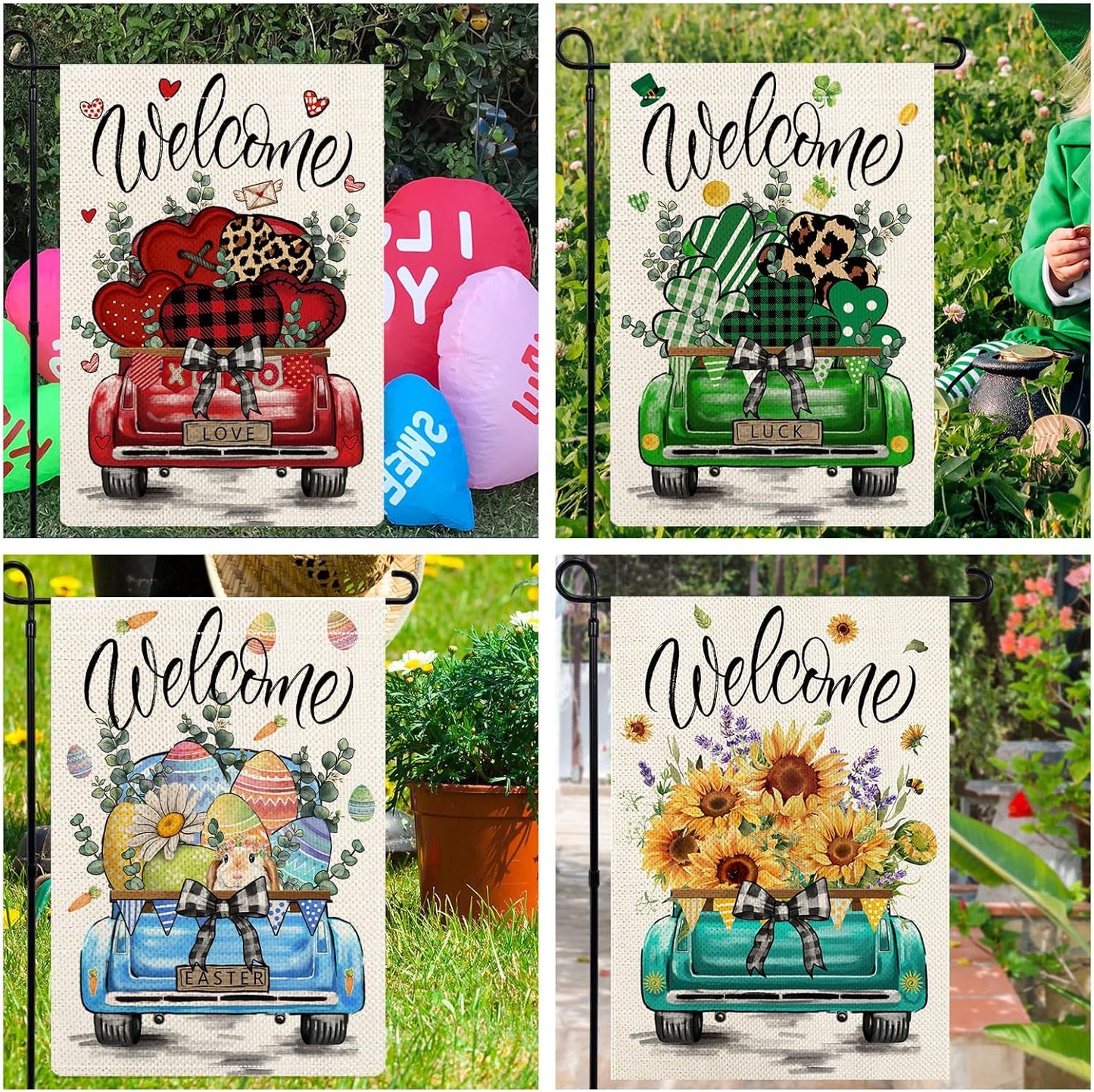 Rustic Truck Garden Flags - Set of 12 Double-Sided Seasonal Decorations | 12x18 Inches for Year-Round Use