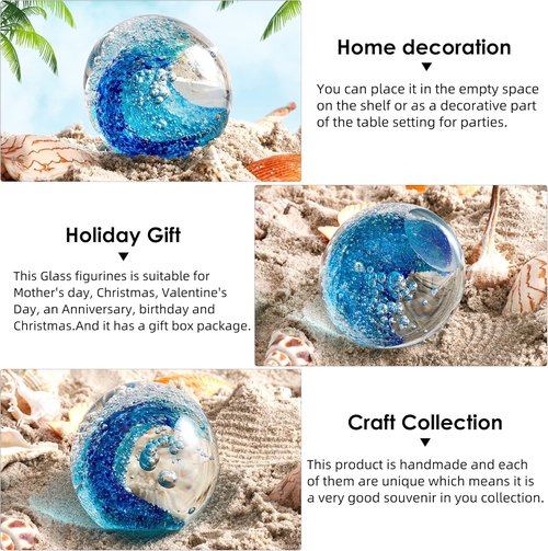 EUSTUMA Hand Blown Glass Figurine - Ocean Waves Paperweight | Unique Home & Office Decor