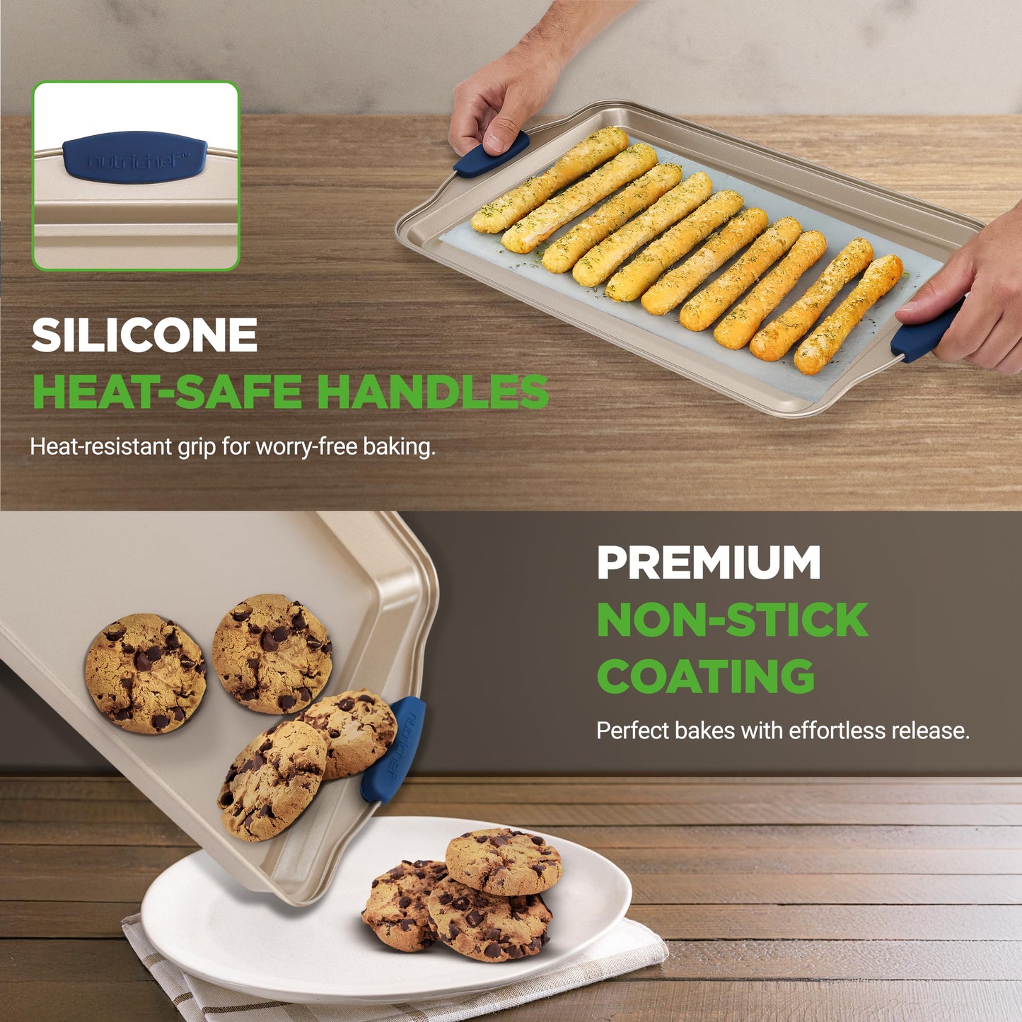 NutriChef 3‑Piece Non‑Toxic Cookie Sheets for Baking – Premium Carbon Steel Oven Tray Set with Blue Silicone Handles – Nonstick Baking Sheet Set for Cookies, Pastries & Oven‑Safe Cooking