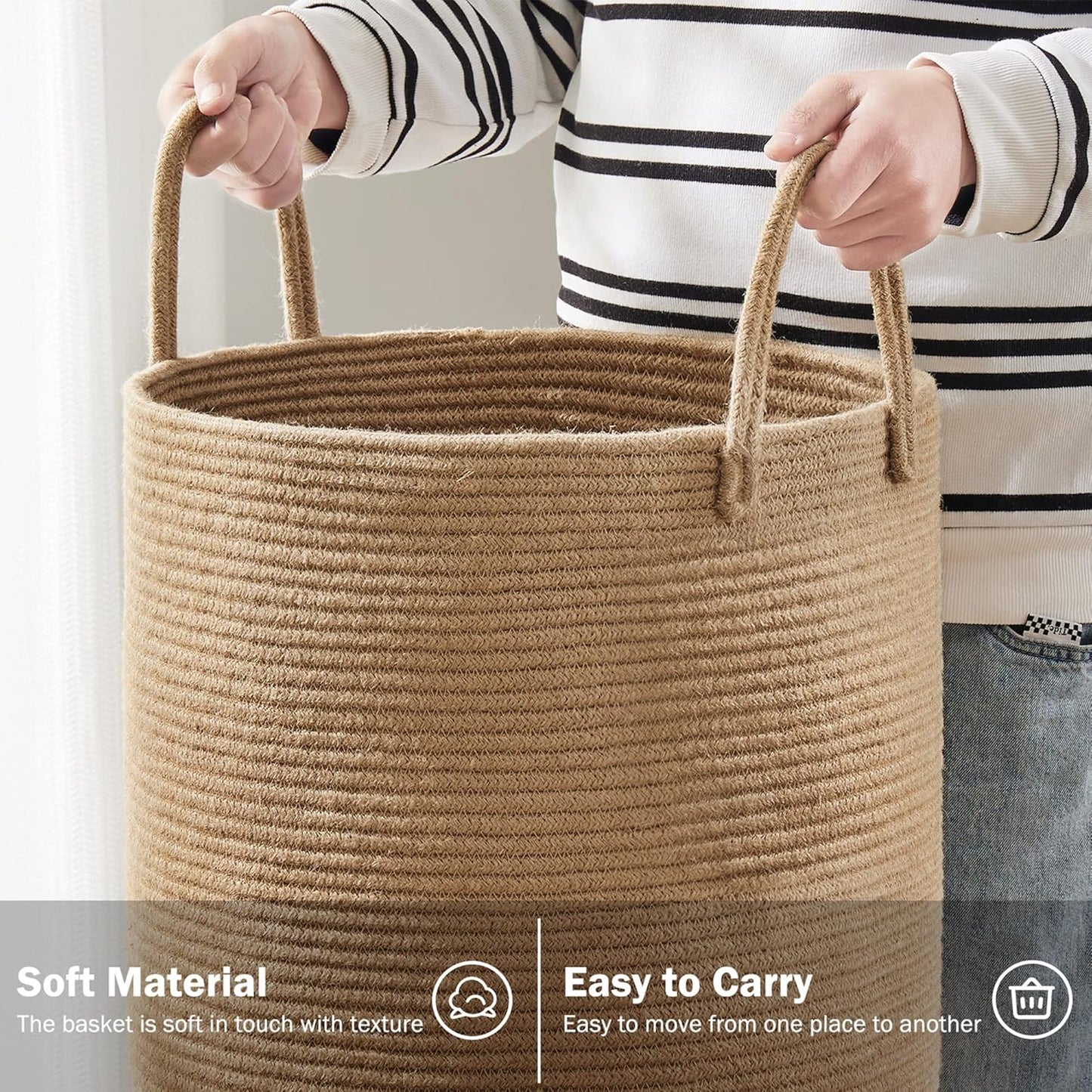 YOUDENOVA Jute Rope Laundry Hamper - 58L Tall Basket for Baby Nursery & Bedroom Storage