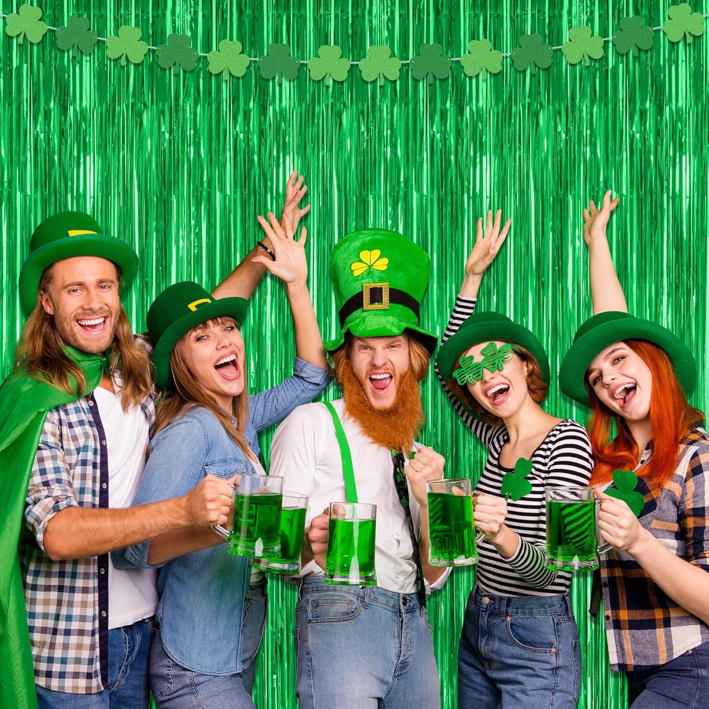 Skiennix Green Streamer Backdrop - 12 Pack Metallic Foil Fringe Curtains for Birthday Parties | 3.28 FT x 7.05 FT