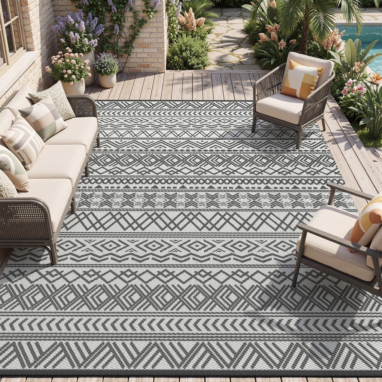 MontVoo Outdoor Rug - Waterproof Reversible 5x8 Patio Mat for RV, Camping, Beach, Boho Grey