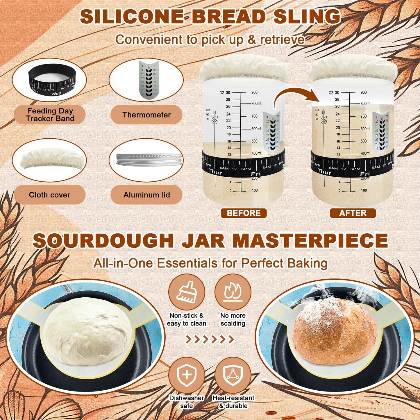 Sourdough Starter Kit,Sourdough Bread Baking Supplies, 9" Round and 10" Oval Banneton Bread Proofing Basket Set with Glass Sourdough Starter Jar, Sourdough Bread Making Tools Gifts for Women Wife Mom