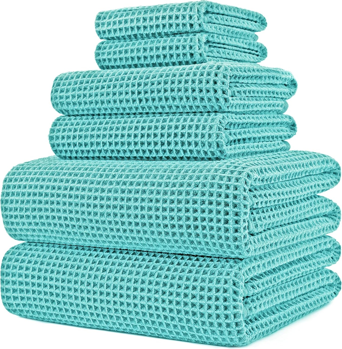 POLYTE Oversize Bath Towel Set - 6 Piece Quick Dry Microfiber, Lint Free | Waffle Weave, 430 GSM