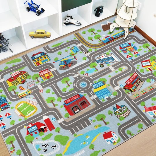Capslpad Kids Rug Educational Play Rug 6.6' x 5' Traffic Road Kids Car Mat Large Learning Play Game Area Rug Kid Carpet for Playroom Living Room Nursery Room Decor, Sky Blue