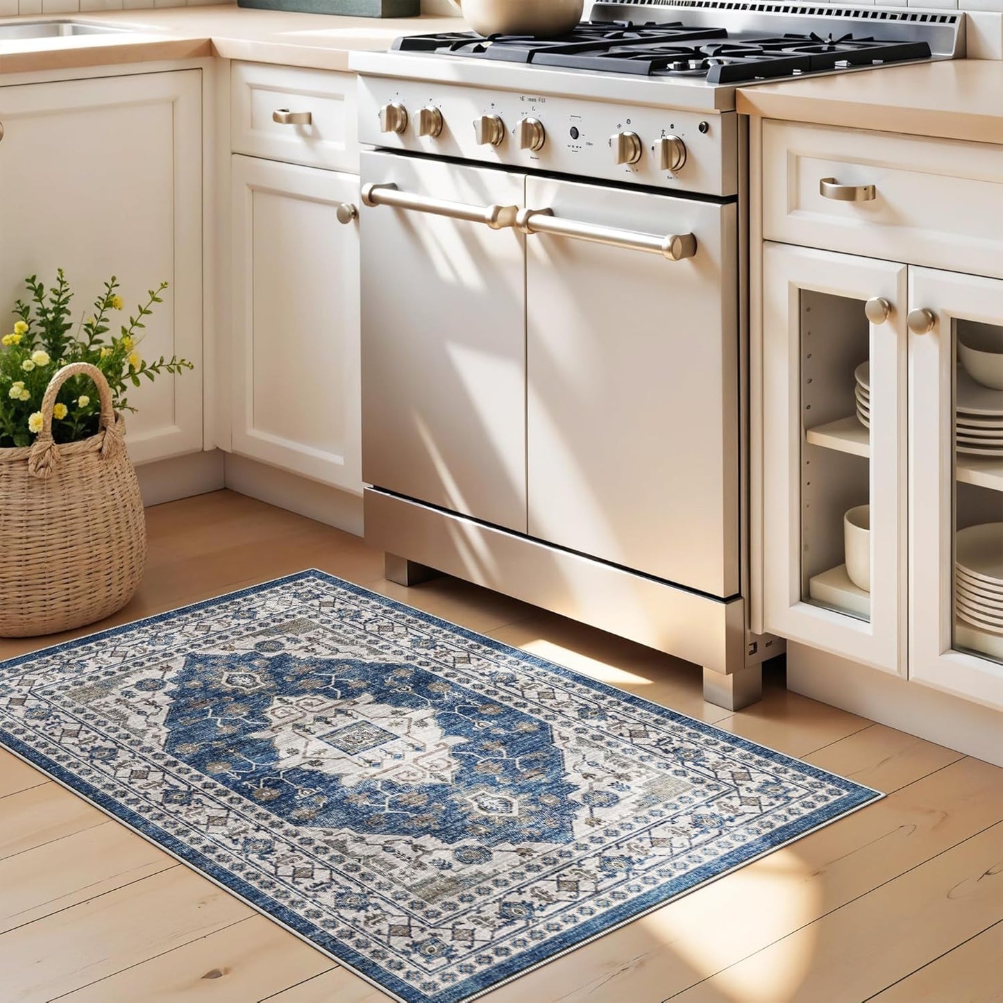 Skiennix Vintage Area Rug - Washable Soft Indoor Entryway Mat with Non-Slip Backing | 2x3, Blue