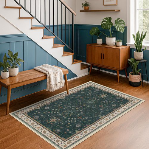 Hazo Haus Dark Green 4x6 Living Room Rug - Modern Vintage Boho Floral Design | Washable Non-Slip Area Rug for Home