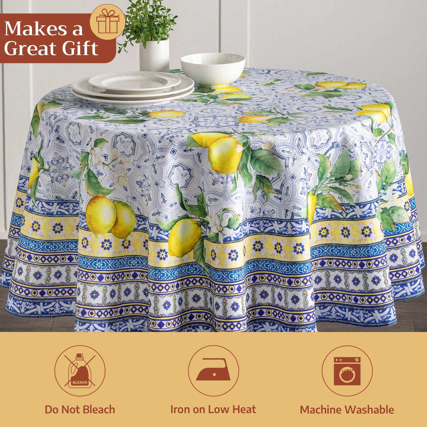 Maison d' Hermine Table Cloth Round Table 100% Cotton 63 Round Inches Tablecloth Reusable Decorative for Dining Kitchen Room Farmhouse Home Gifts for Mothers Day Spring Summer - Citrus