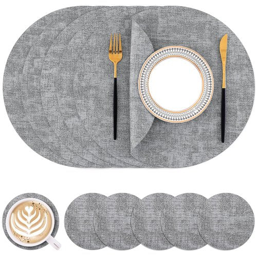 Homaxy Round Faux Leather Placemats and Coasters, Washable Dual-Side Table Mats, Wipeable Heat-Resistant Dining Place Mats for Outdoor and Indoor, Set of 6, Diameter 13 and 3.93 inch, Light Grey