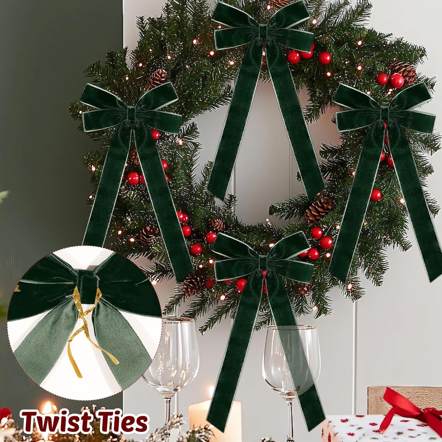 MUKOSEL Velvet Ribbon Bows - 12 Pcs Dark Green Christmas Tree Decorations | Holiday Ornaments & Wreaths