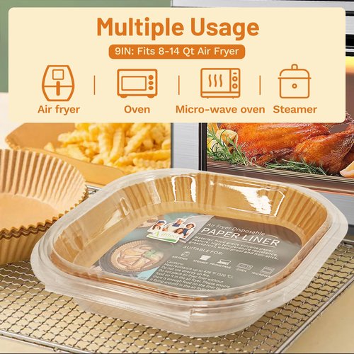 Ailifeer Air Fryer Disposable Paper Liner, Natural Baking Parchment Paper Air fryer liners,Thickened Oil-Proof High Temperature,for Air Fryers,Ovens,Pan and Microwaves (9inch-XL-Thick, square-Brown)