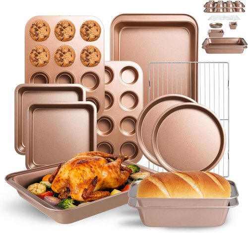 Champagne 11-Piece Nonstick Baking Pans Set | Professional Grade Carbon Steel Bakeware, Dishwasher Safe, Oven Safe to 450°F