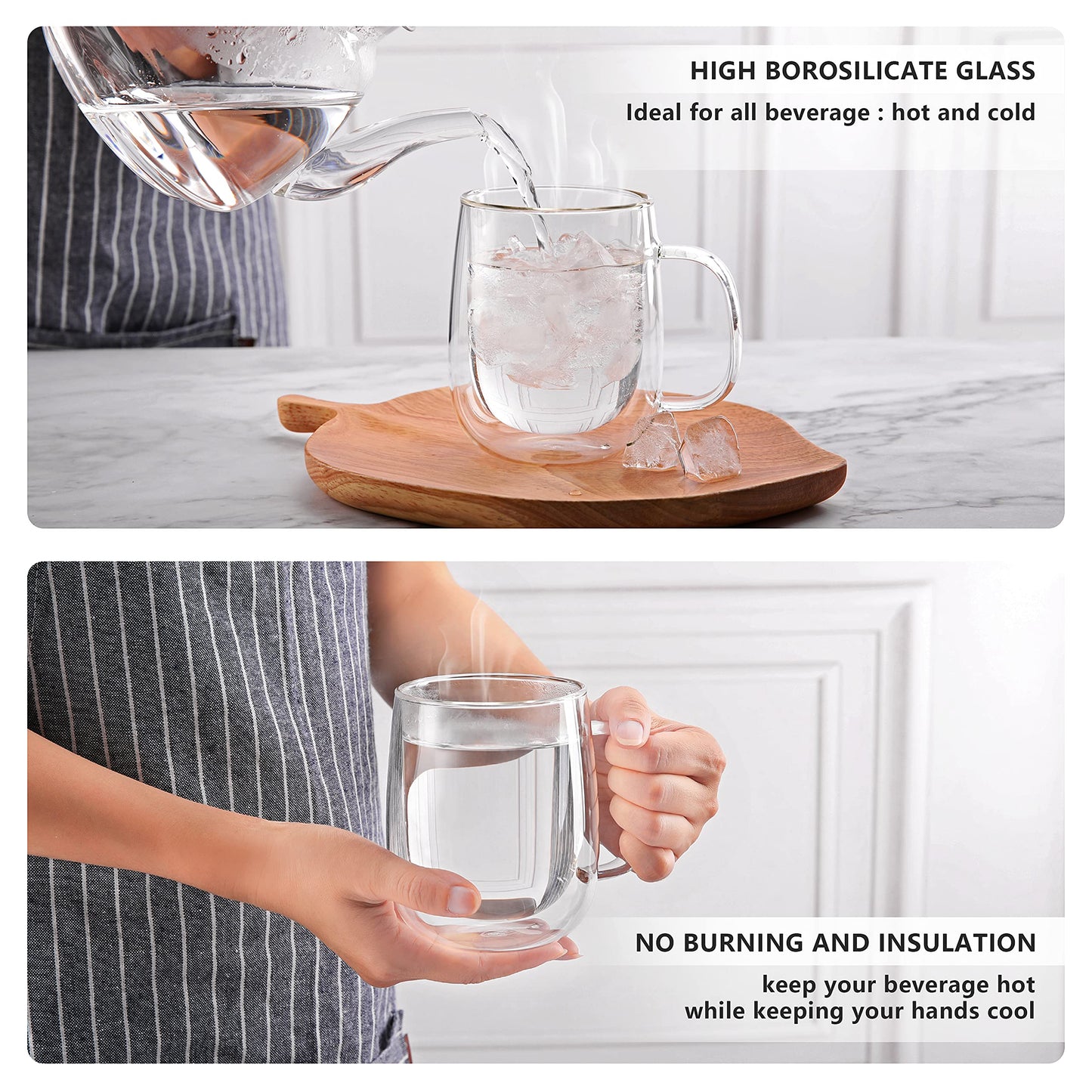 CNGLASS Large Double Wall Glass Coffee Mug 15.2oz,Clear Insulated Glass Espresso Cup with Big Handle,Clear Glass Espresso Mugs for Latte,Cappuccino,Tea Bag,Hot and Cold Beverages,set of 4