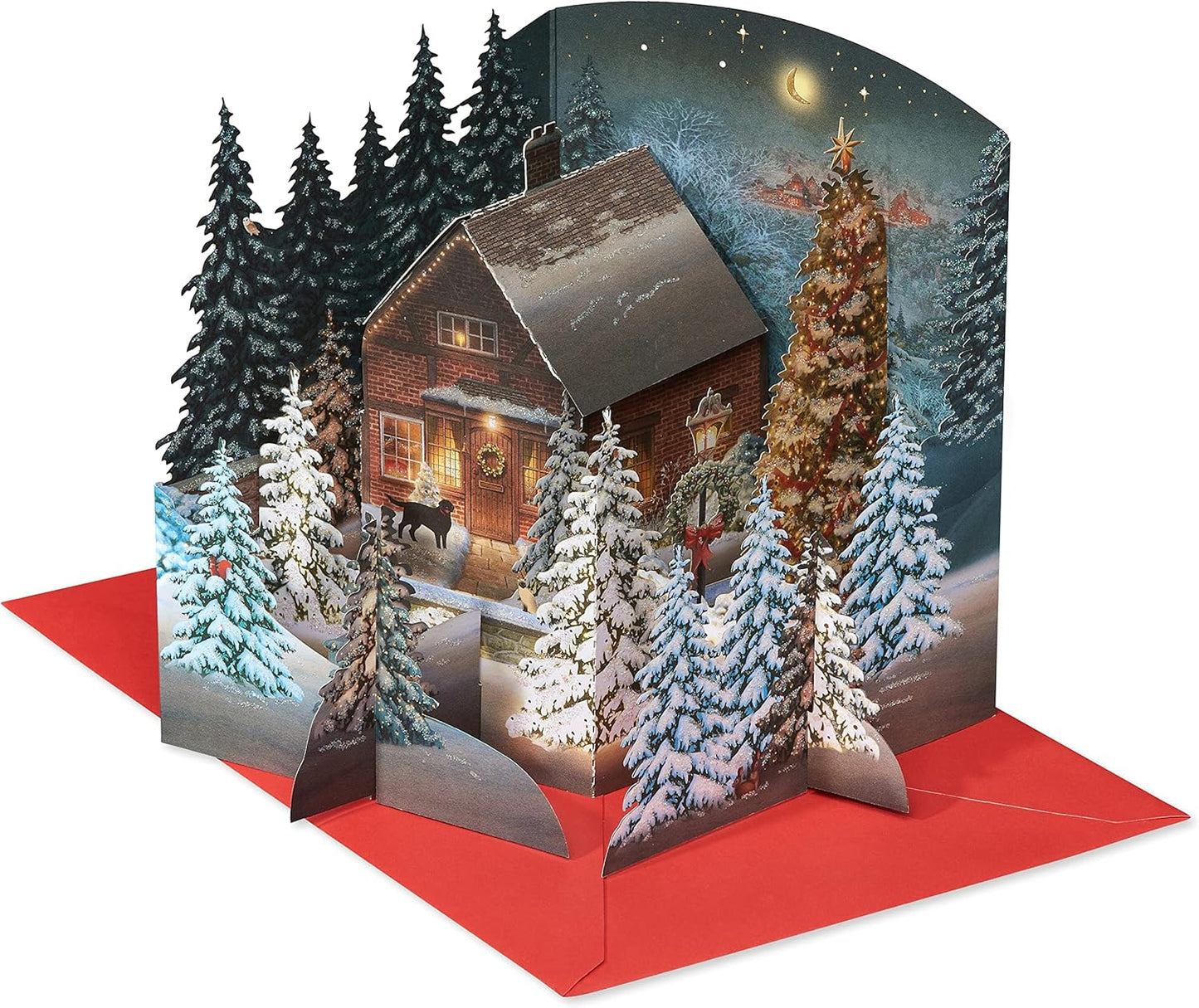 American Greetings 3D Holiday Card - Rustic Cottage Scene in Winter Pine Forest | Designed by Jacquie Lawson