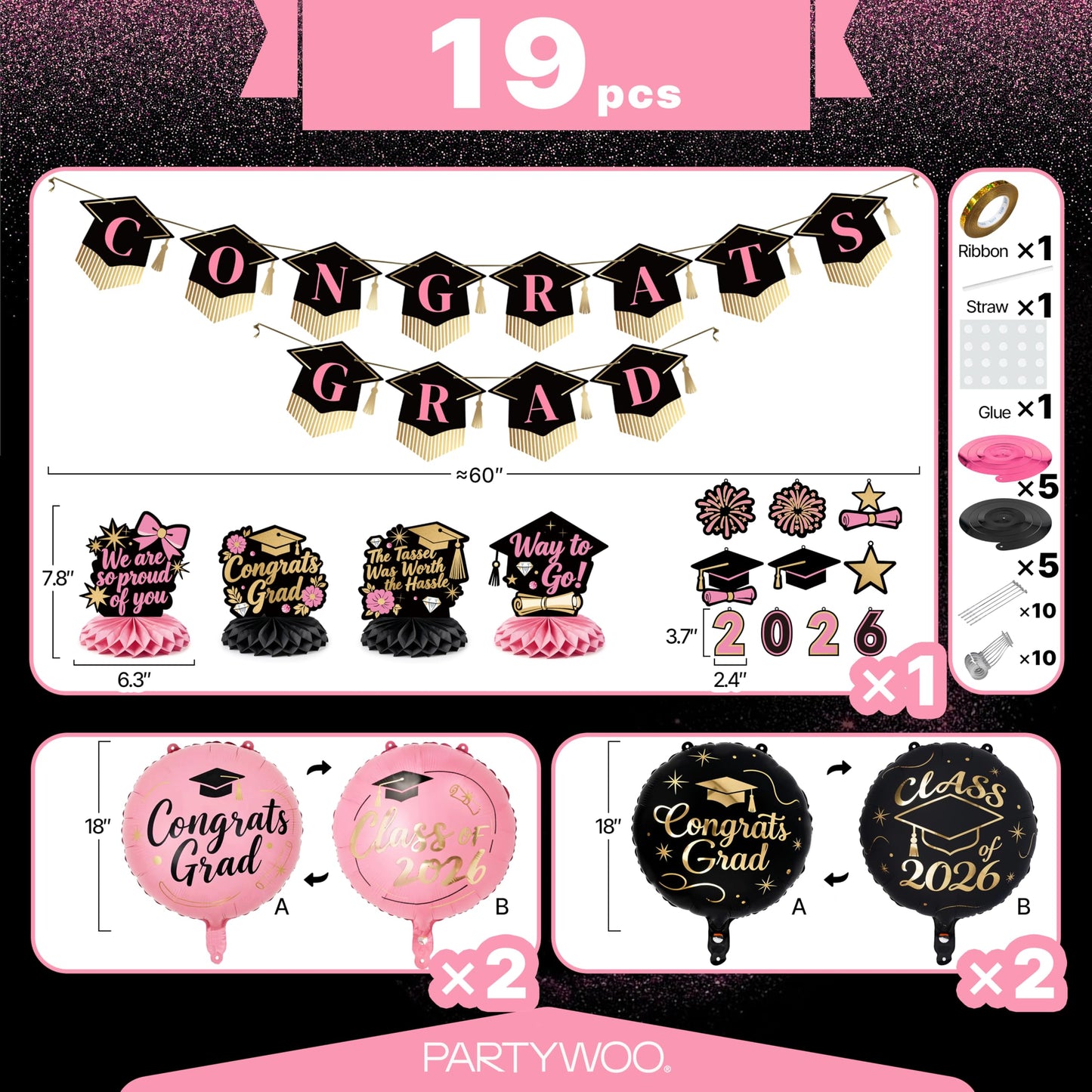 PartyWoo Graduation Decorations Class of 2026 Black Gold Pink 19pcs Grad Party Supplies with Congrats 2026 Grad Banner Hanging Swirls Foil Balloons Graduation Cap Centerpieces Party Decorations