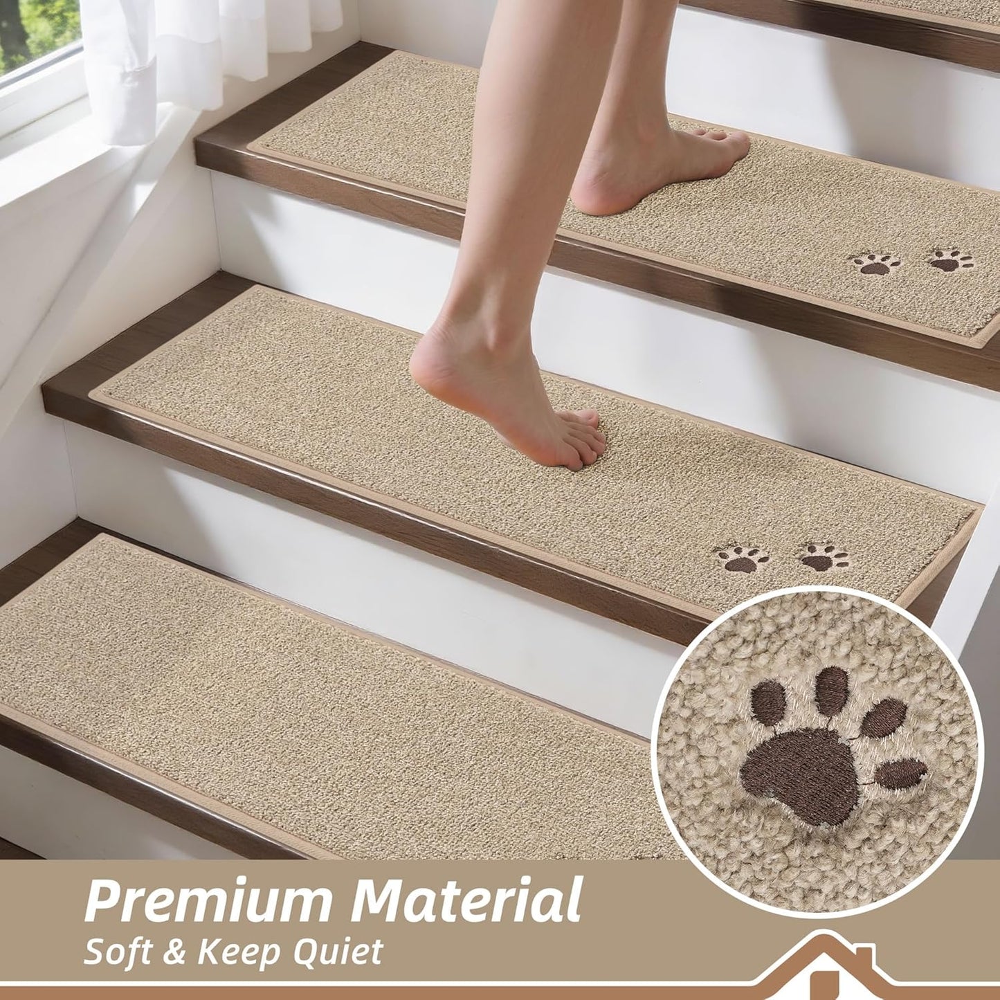BEQHAUSE Non-Slip Carpet Stair Treads | Soft Indoor Stair Runners, 28"x9", 15pcs, Beige - Machine Washable