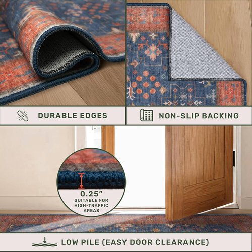 Hazo Haus Washable 2x3 Entry Rug - Non-Slip Rubber Backing for Kitchen & Bathroom | Navy Blue Boho Décor