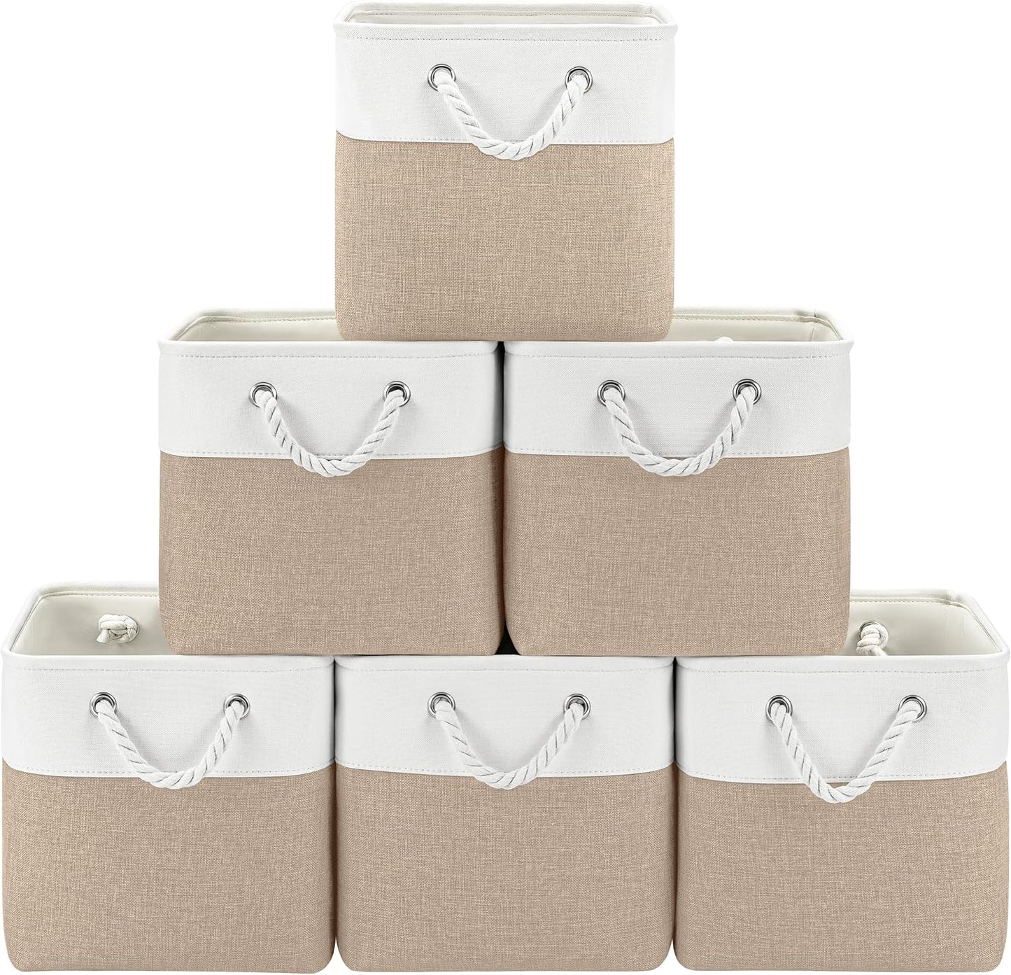 Patvingot 11-Inch Cube Storage Bins - 6 Pack Fabric Organizer Baskets with Rope Handles | White/Khaki