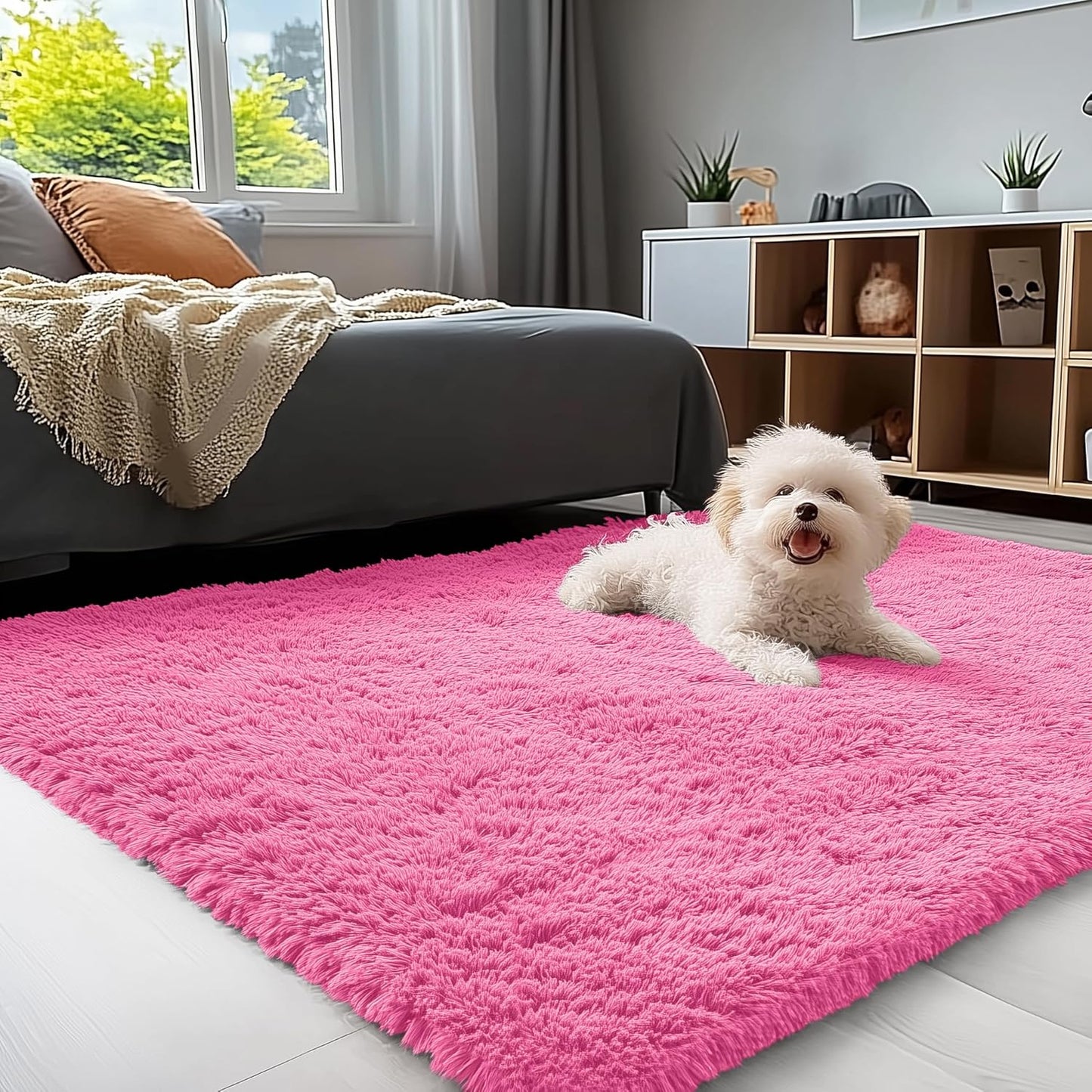 OLANLY Soft Fluffy Shaggy Small Bedside Rug - 3x5 Machine Washable Hot Pink Carpet for Kids & Nursery