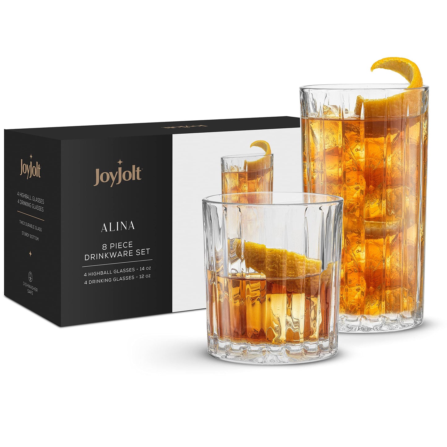JoyJolt Drinking Glasses Set of 8, Alina Ribbed Glassware. 12oz Rocks Glass and 14oz Highball Glass set. Cocktail Glasses, Iced Coffee Cup or Water cups. Heavy Base Glassware Set