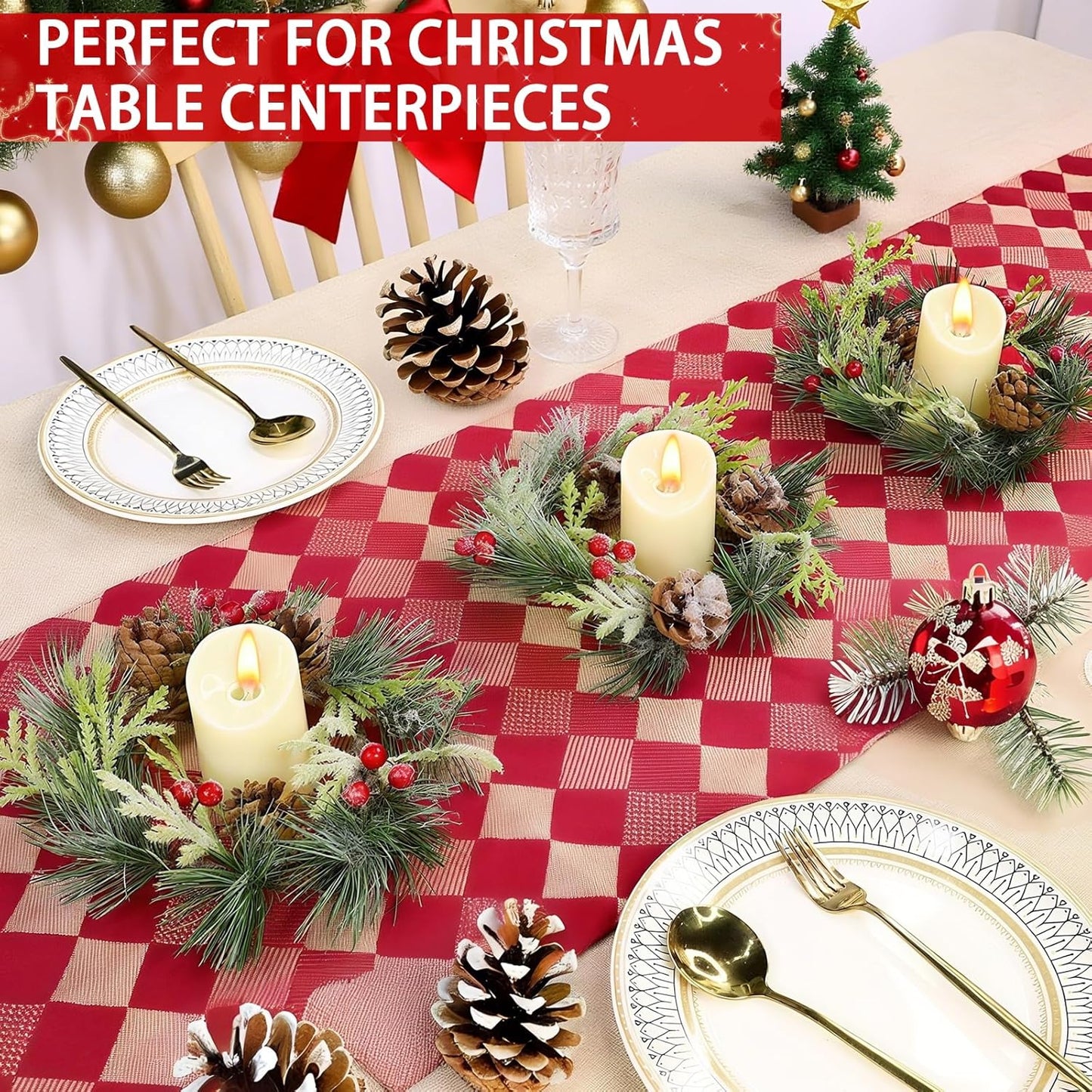 Skiennix 6 Pcs Mini Christmas Wreaths - 9 Inch Snowy Pinecone & Red Berry Candle Rings for Holiday Decor