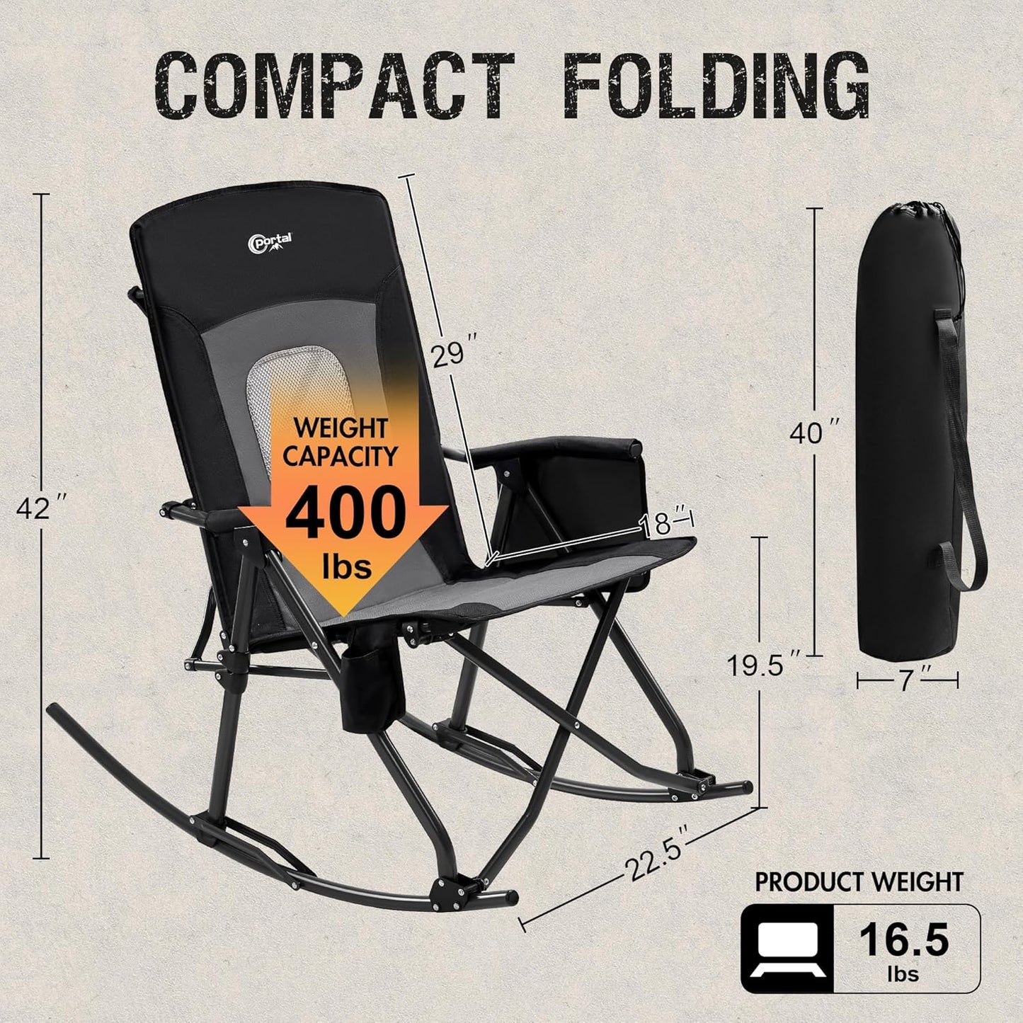 PORTAL Oversized Folding Rocking Camping Chair - Portable Outdoor Rocker with High Back & Carry Bag, Supports 400 lbs