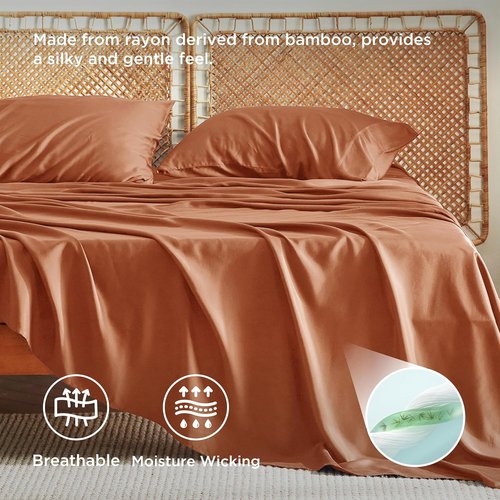 Bedsure King Size Sheets Set - Cooling Rayon Bamboo Sheets for Hot Sleepers | Soft & Breathable, Deep Pocket, Burnt Orange