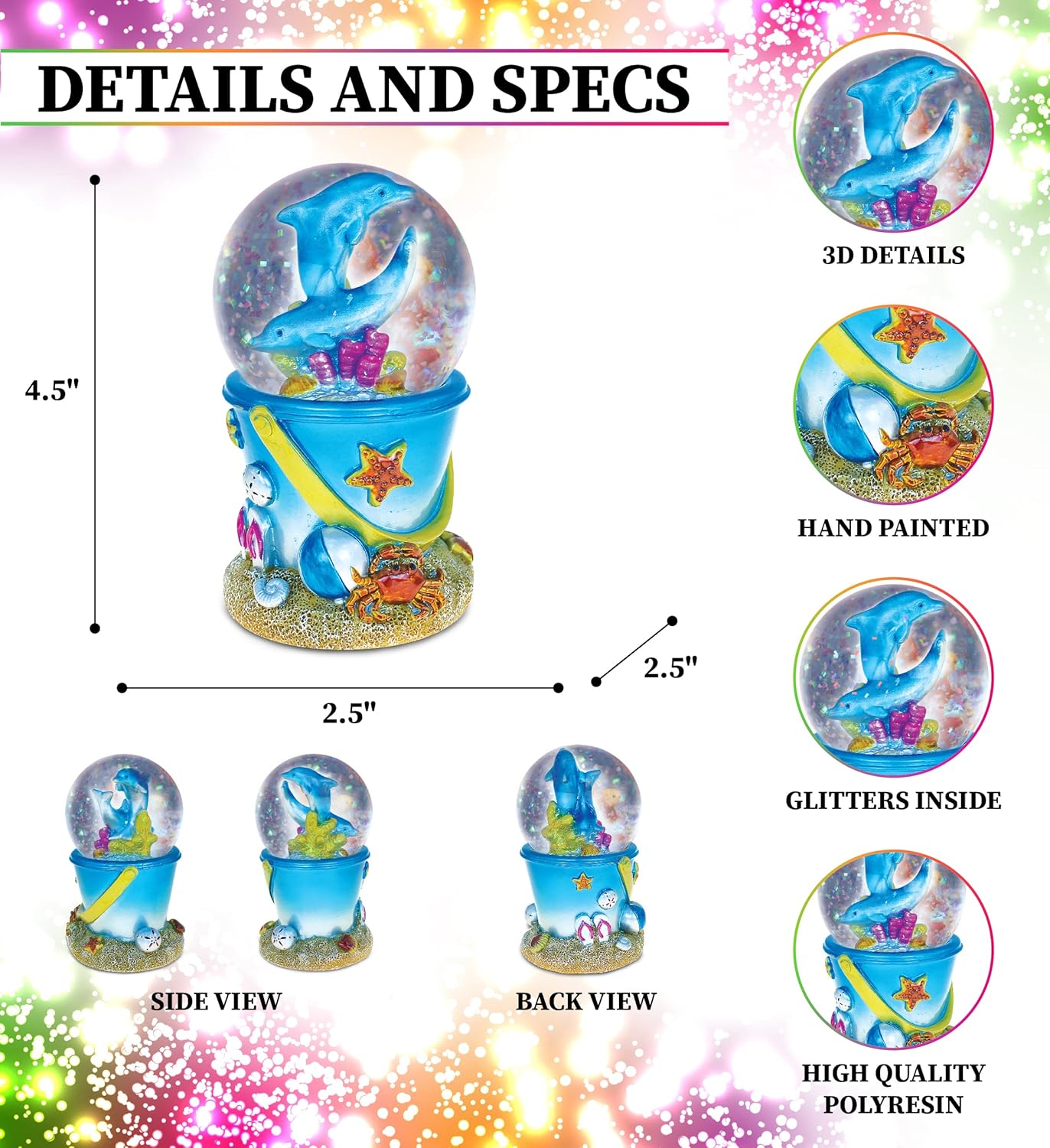 Dolphin Sand Bucket Snow Globe - Sparkling Glitter Water Globe Figurine for Home Decor, Collectible Novelty Ornament - 65mm