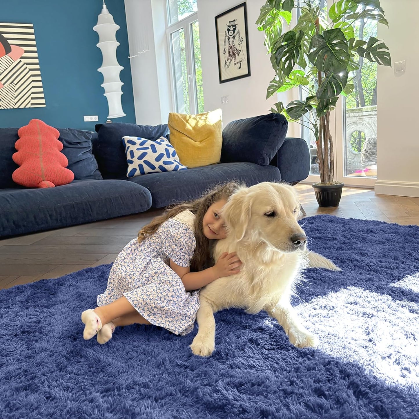 OLANLY Large Area Rug - Soft Fluffy Shaggy Indoor Carpet for Living Room & Bedroom | Denim Blue, Machine Washable