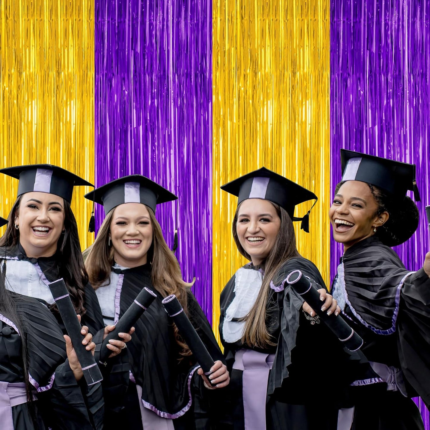 Regine Switzerland Graduation Backdrop - 2 Pack Metallic Purple & Gold Foil Fringe Curtains | 3.28 FT x 7.05 FT Class of 2026 Decor