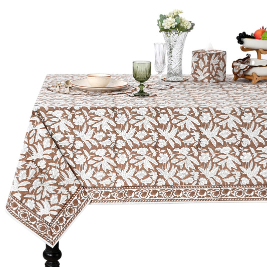Ridhi Oak Brown Hand Block Print Cotton Rectangle Tablecloth 102" x 48" inches Reusable Table Cover Decorative Everyday Use for Dining Room, Farmhouse, Home Gift for Spring, Mother's Day