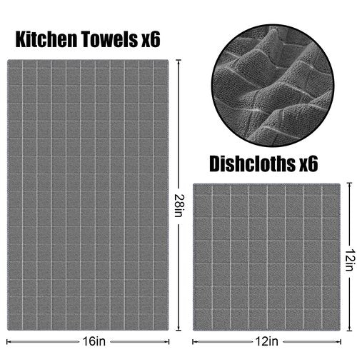 Homaxy Microfiber Kitchen Towels and Dishcloths Set, 12 Pack Soft and Absorbent Dish Hand Towels Bulk, 28 x 16 Inch & 12 x 12 Inch Quick Drying Rags for Washing Dishes, Grey