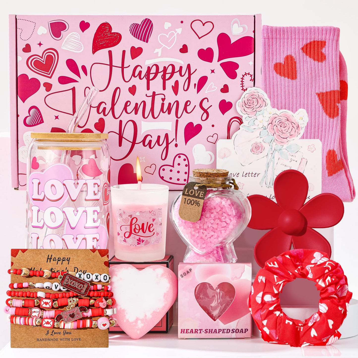 10 Pcs Valentine's Day Basket Gifts for Her, Valentine Gift Stuffers with 16 oz Glass Cup, Socks, Hair Clip, Candle, Heart Bath Salts Bottle Birthday Gift Set for Mom Wife Daughter Teen Girlfriend