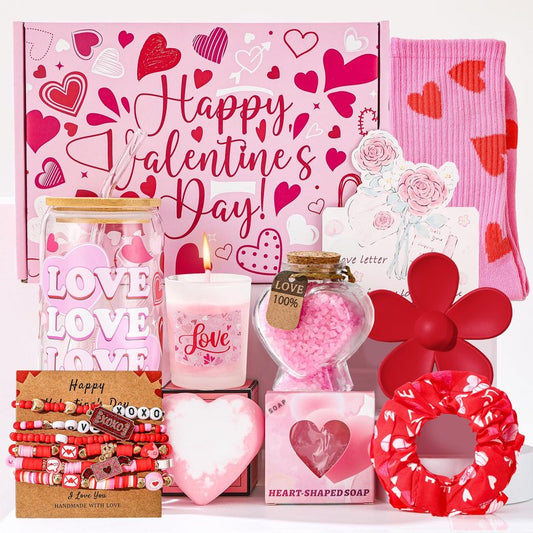 10 Pcs Valentine's Day Basket Gifts for Her, Valentine Gift Stuffers with 16 oz Glass Cup, Socks, Hair Clip, Candle, Heart Bath Salts Bottle Birthday Gift Set for Mom Wife Daughter Teen Girlfriend