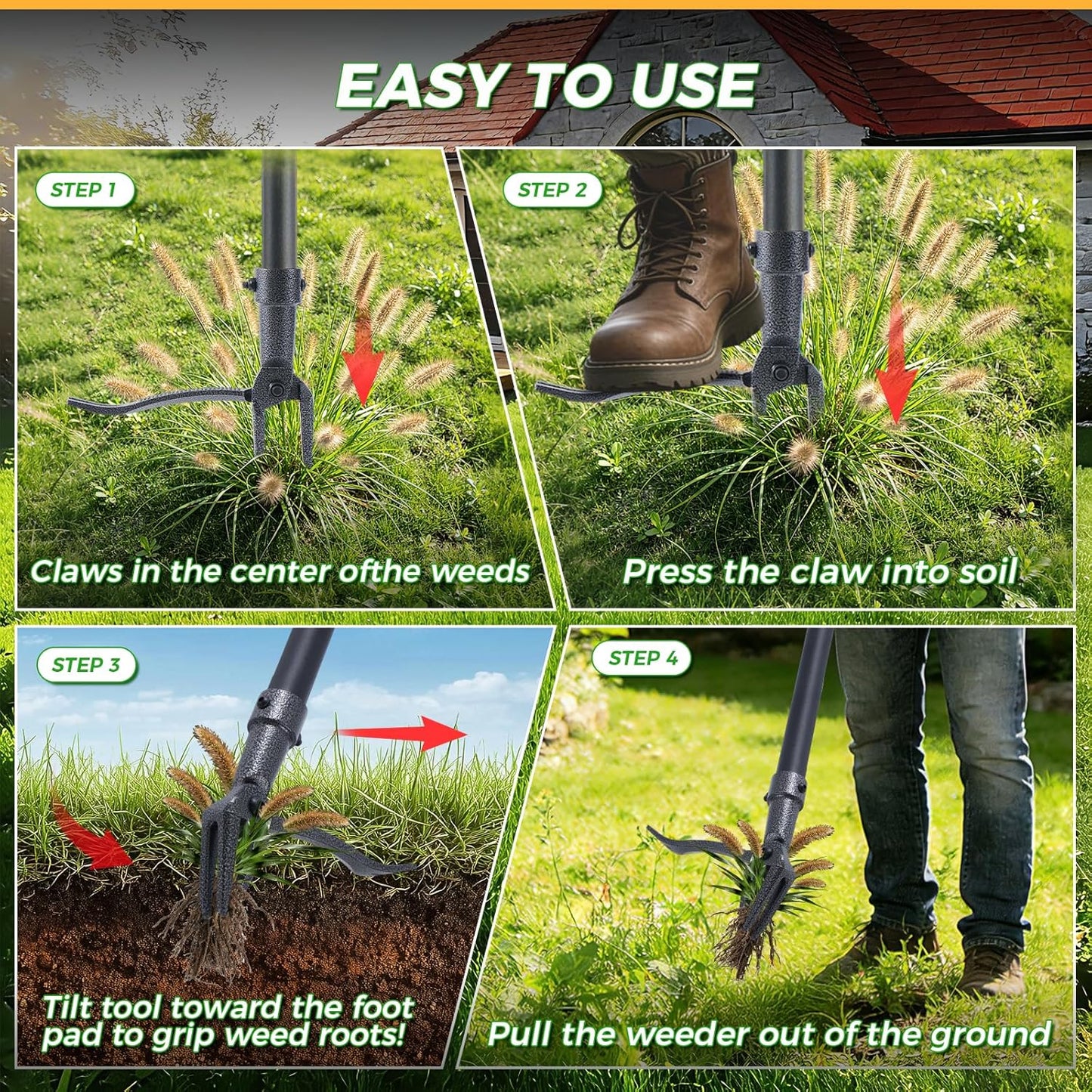 Stand Up Weed Puller by [Brand Name] - 46" Adjustable Steel Handle & 4-Claw Head for Effortless Weeding