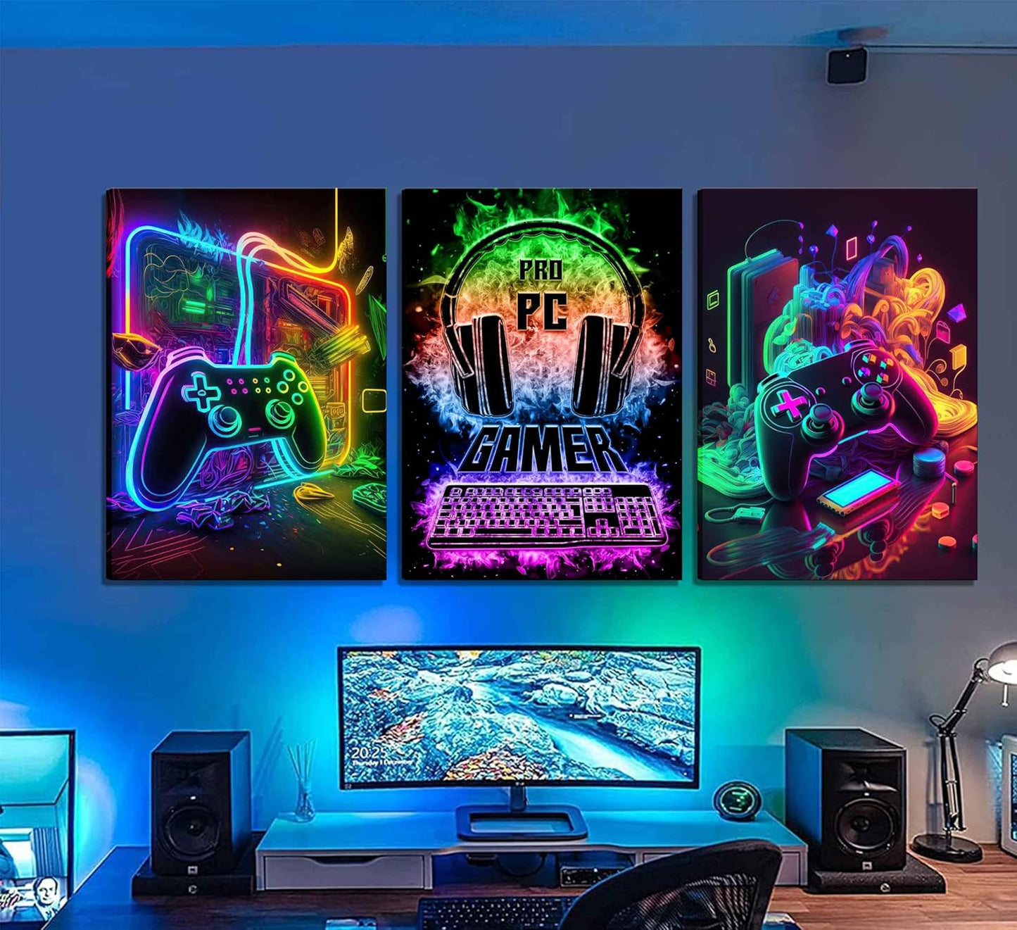 PPV Gaming Wall Art - Retro Video Game Canvas Prints | Colorful Neon Gamepad Decor 12x16in